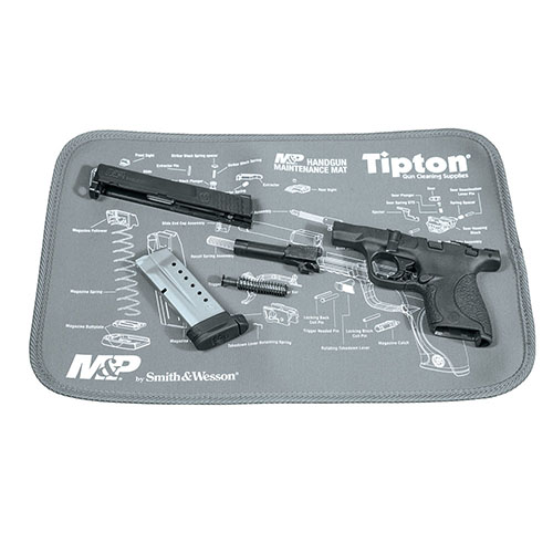 Tipton M&P Maintenance Mat er ideell for rengjøring av våpen, med polstret neopren som beskytter overflater og absorberer olje, samtidig som smådeler holdes på plass.