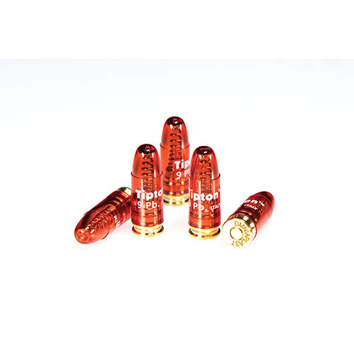 Tipton Snap Caps for 9 mm Luger beskytter avtrekkeren og forhindrer skade på tennstiften, ideelle for justering av avtrekk og lagring av våpen.