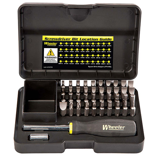 Wheeler Professional Gunsmithing Screwdriver Set har 43 deler med spesialbits for perfekt tilpasning til alle skruer på moderne og antikke våpen.