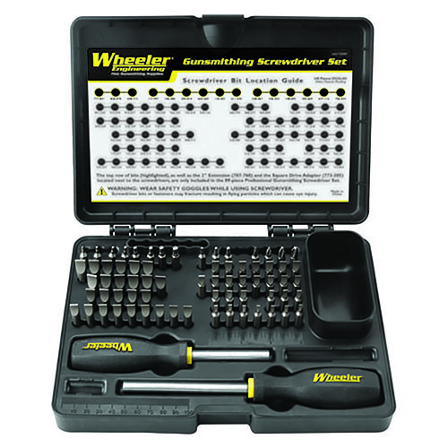 Wheeler Professional Gunsmithing Screwdriver Set har 72 deler, inkludert 54 spesialbiter for alle skruer på våpen, samt ekstra verktøy for installasjon av kikkertsikter.