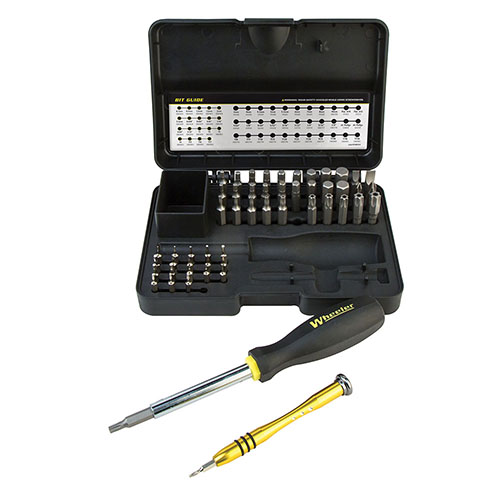 Fullfør verktøykassen din med Wheeler 55-delt Hex/Torx skrutrekkersett, som inkluderer vanlige bits, ¼" og 4mm driverhåndtak, i praktisk oppbevaringsboks.