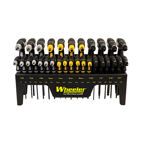 Fullfør verkstedet ditt med Wheeler 30-delt P-Handle Driver Set, med veggmonterbart design for rask tilgang til SAE Hex, Metric Hex og Torx verktøy.