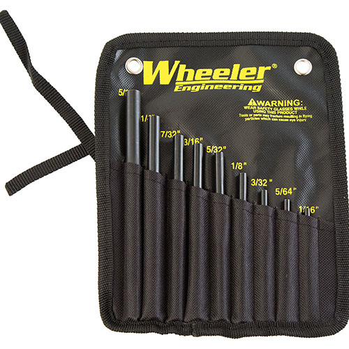 Wheeler Roll Pin Starter Set består av 9 stålstempler med hemisfærisk tupp for nøyaktig plassering av roll pins, og forhindrer skade på våpenet.