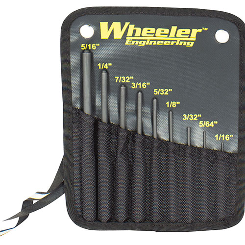 Wheeler Roll Pin Punch-set er laget av herdet stål for å unngå bøying eller brudd, med hemisfærisk tupp for nøyaktig justering av roll pins.
