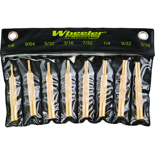 Wheeler Brass Punch Set inkluderer 8 presser i størrelser fra 1/8" til 5/16", ideell for presisjon og sikkerhet ved montering og demontering av våpen.