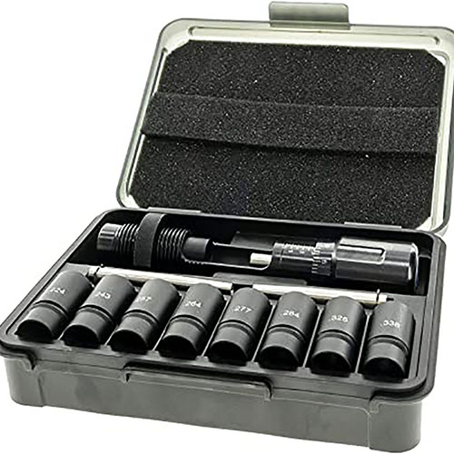 Frankford Arsenal Universal Bullet Seating Die gir presis og justerbar setting av .224 til .338 kaliber kuler, med innebygd mikrometer og praktisk oppbevaringsboks.