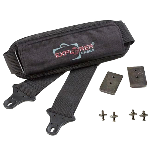 EXPLORER CASES justerbart skulderkit inkluderer en skulderrem med plastender (106-201 cm), 4 gjengede knuter og 2 metallplater, perfekt for flere modeller.