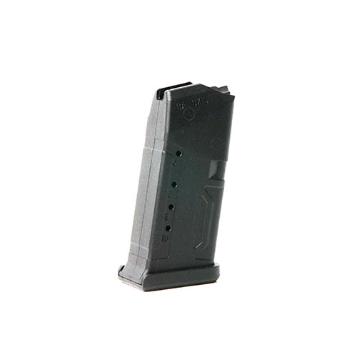 Glock Magazin 9mm med 10 runder har rustfritt stålfjær, lett avtagbar bunnplate for rengjøring, fargekode for identifikasjon og indikatorvindu for kapasitet.