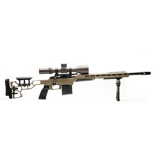 MDT ESS Chassis System Kit tilbyr optimal ergonomi med justerbart buttstock, 15" forend og AR pistol grep, samt V-block bedding for solid rifle støtte.