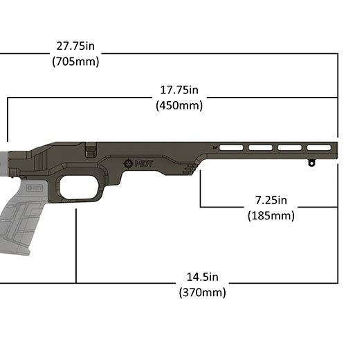 MDT LSS-RF Gen 2 Chassis System er lett og kompakt, designet for 22LR/17 HMR, med M-Lok forend og mulighet for AR-pistolgrep og kolber.