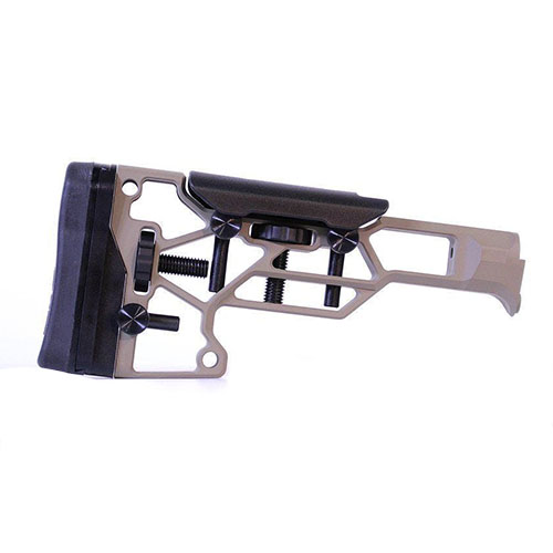MDT Skeleton Rifle Stock V5 Standard gir verktøyløs justering for optimal komfort og ytelse, med justering av kinnstøtte og kolbe for perfekt tilpasning.