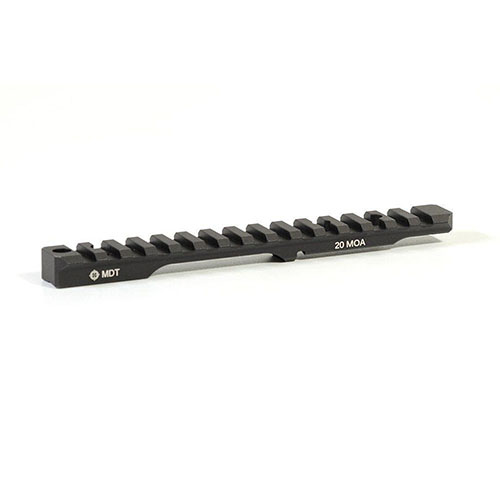 MDT Picatinny Scope Base i 6061-T6 aluminium med 20 MOA helling for bedre høydejustering, hard-anodisert svart for holdbarhet og kompatibel med venstrehendte.
