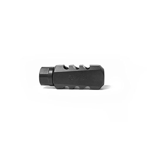 MDT Elite Muzzle Brake reduserer rekyl med opptil 66%, forbedrer oppfølgingsskudd og nøyaktighet, og har en strømlinjeformet design med justerbar låsemutter.