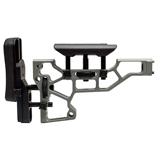 MDT Skeleton Rifle Stock gir verktøysfri justering for optimal komfort og ytelse, med justering av cheek riser og buttpad for perfekt tilpasning til ACC/ESS chassis.