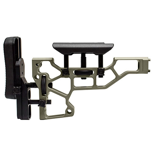 MDT Skeleton Rifle Stock gir verktøyløs justering for optimal komfort og ytelse, med justering av cheek riser og buttpad for perfekt tilpasning til ACC og ESS chassiser.