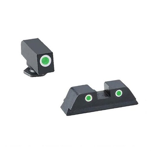 AmeriGlo Classic Night Sight-set for Glock gir deg oppgraderte sikter med lett synlige hvite rammer rundt grønne Tritium-vials foran og bak, perfekt for presisjon.