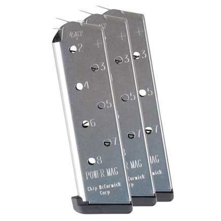 Oppdag CHIP MCCORMICK 1911 45ACP POWER MAGAZINE 3 PACK med rustfritt stål og ekstra runder, perfekt for skyting, skjult bæring og tjeneste.