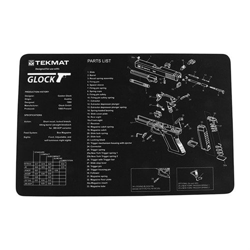 TEKMAT Pistol Gun Cleaning Mat beskytter våpenets finish under rengjøring, har en detaljert partsdiagram, og en sklisikker bakside for stabilitet.