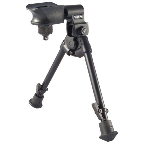 Modulær, to-delt design for enkel fjerning av bipod med knapp. Justerbare ben, multi-pivot hode og gummiføtter gir stabilitet på ujevnt terreng.