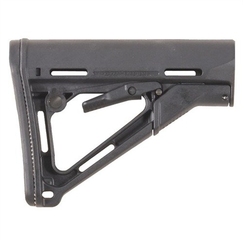 AR-15 CTR Stock fra MAGPUL gir en solid følelse med friksjonslås, rask justering av lengde, og komfortabel gummibakplate, tilgjengelig i flere farger.
