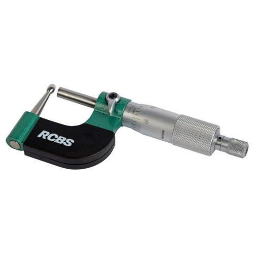Økonomisk Vernier ball micrometer for måling av hylsehals tykkelser, med metallkropp, nøyaktighet på .0001", ratchet stopp og lås for konstant måling.