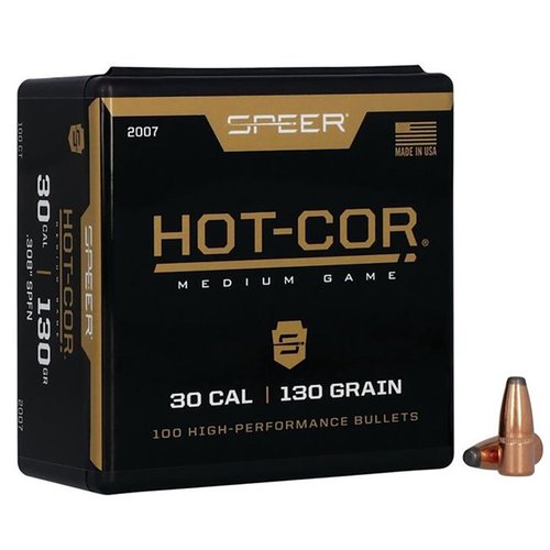 HOT-COR 30 kaliber (0.308") 130gr soft point flat nose kuler girer høy presisjon og pålitelig ytelse takket være en unik produksjonsprosess.