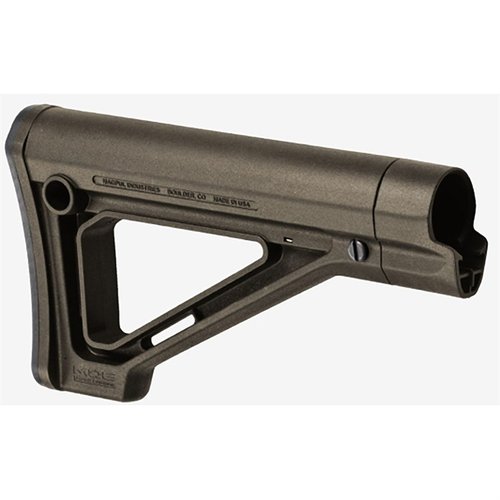 MOE Fixed Carbine Stock gir en fast og slank profil med forbedret kinnstøtte, flere festemuligheter for slynge og enkel installasjon uten verktøy.