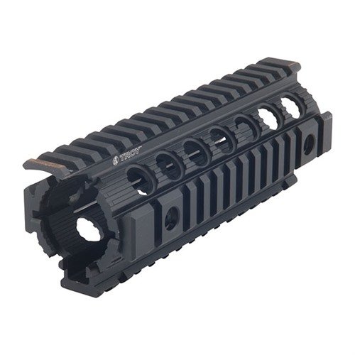 Troy's Enhanced Drop-In Rail er en enkel, direkte erstatning for M4/M16 plast håndtak, med Picatinny Rails og Q.D. Swivel-fester, laget av holdbart aluminium.