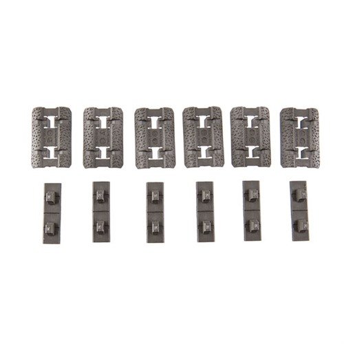 M-LOK Type 2 Rail Covers gir et lavprofilert, tilpassbart grep med teksturert overflate og beveget kontur for minimal fastkjøring. Inkluderer seks paneler.