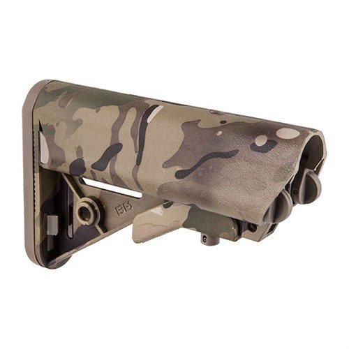 B5 SYSTEMS AR-15 Enhanced SOPMOD Stock tilbyr forbedret cheekweld, vanntett lagring for batterier og intuitiv justering av lengde for optimal komfort.