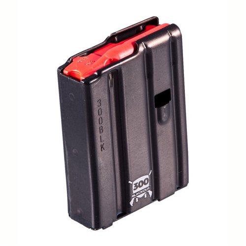 AR-15 magasin for 300 Blackout, laget av aluminium med rød følger. Tilgjengelig i 10, 20 og 30 skudd for pålitelig ytelse.