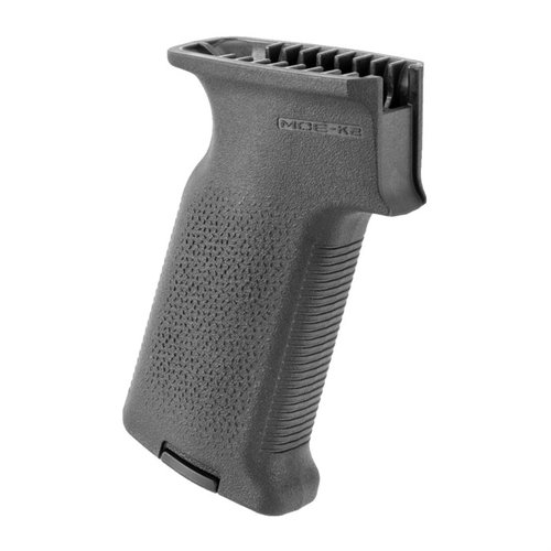 MOE-K2 AK Grip gir en mer vertikal grep vinkel for bedre komfort og kontroll, med aggressiv TSP tekstur og mulighet for lagringskjerner.