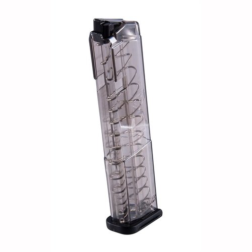 ETS translucent polymer magasiner for Glock 43 gir lettvektsytelse, synlighet for lading og enkel demontering, tilgjengelig i 6, 9 og 12 skudd.