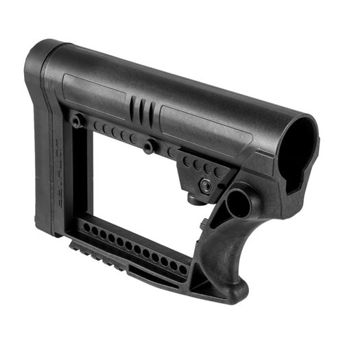Luth-AR Skullaton er en lett og komfortabel buttstock for AR-15, med picatinny-skinne, 4 posisjoner og gummiert bakplate for ekstra stabilitet.