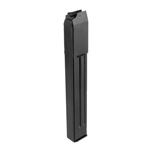 MP40 magasin 9mm Luger fra ATI har solid stålkonstruksjon, svart farge og rommer 25 skudd, perfekt som erstatning for GSG MP-40.