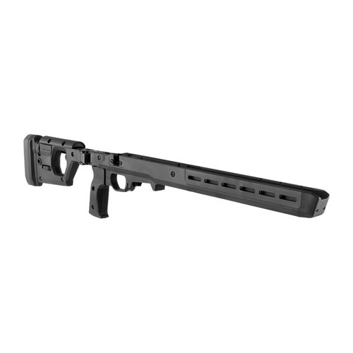 Magpul Pro 700 Chassis tilbyr justerbar ergonomi, ambidextrous design, og integrert AICS magasin for optimal komfort og ytelse på Remington 700.