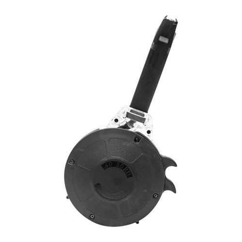 KCI 50RD trommelmagasin for Glock 22/23 gir høy kapasitet, rask lasting med hurtiglader og pålitelig mating, perfekt for .40 S&W pistoler og karabiner.