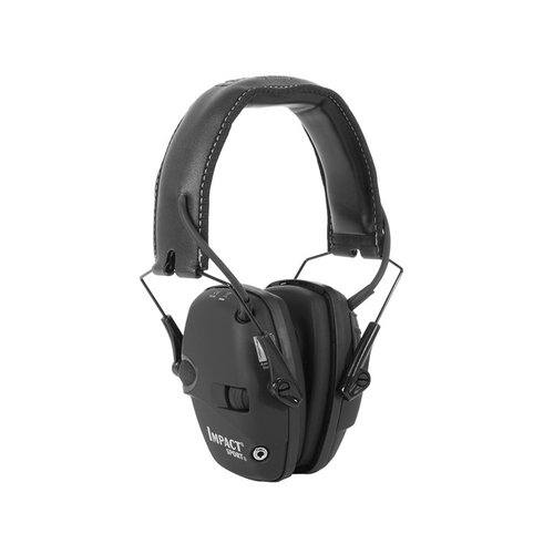 Howard Leight Impact Sport Electronic Earmuffs gir effektiv hørselbeskyttelse, forsterker samtaler, og har AUX-inngang for musikk, alt i et kompakt design.