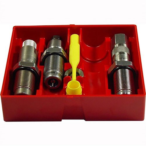 Lee Steel 3-Die Rifle Set inkluderer Full Length Sizing Die, Bullet Seating Die og Powder Through Expanding Die, perfekt for presisjonslading av 38-55 WCF.