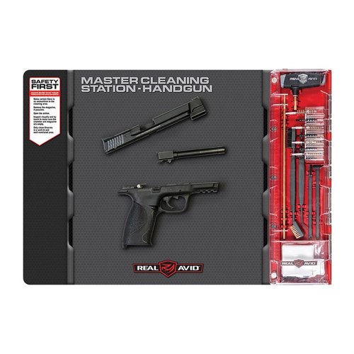 Oppgrader rengjøringsopplevelsen din med MASTER CLEANING STATION fra Real Avid, designet for .22 / 9mm / .357 / .38 / .40 / .45 kaliber håndvåpen.