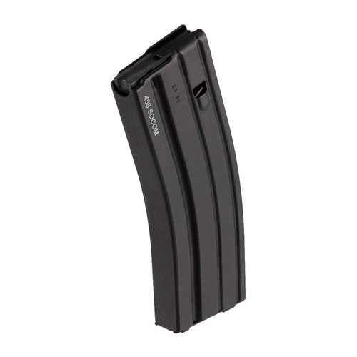 .458 SOCOM magasiner fra D&H Industries er laget av aluminium med svart finish, tilgjengelig i 10- eller 4-runders kapasitet for AR-15 rifler.
