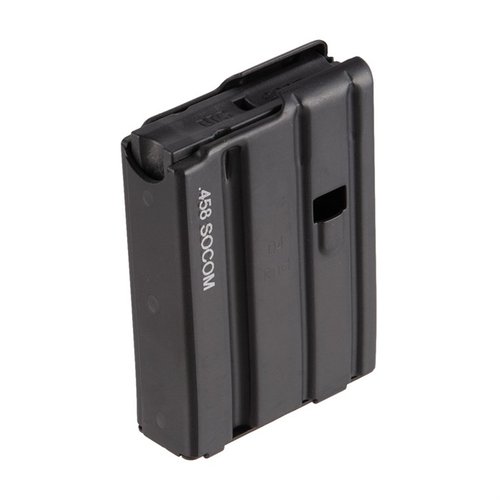 .458 SOCOM magasiner fra D&H Industries er laget av aluminium med svart finish, tilgjengelig i 10 eller 4 skudd for AR-15 rifler.