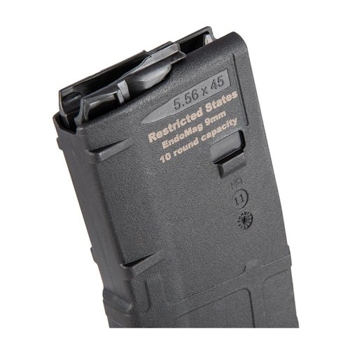 AR-9 Endomags er en 10-runders 9mm magasin designet for AR-15, perfekt for kapasitetsbegrensede stater, kompatibel med Glock- og Colt-mønstre.