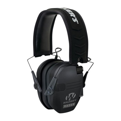 Walkers Razor Slim Electronic Muffs gir 23 dB støydemping, er kompakte og sammenleggbare, med komfortabelt hodebånd og avansert lydforbedring.