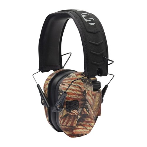 Opplev RAZOR SLIM SHOOTER FOLDING ELECTRONIC MUFF med amerikansk flagg 🇺🇸. Kompakt design, 23 dB lydreduksjon og komfortabel passform for skyttere.
