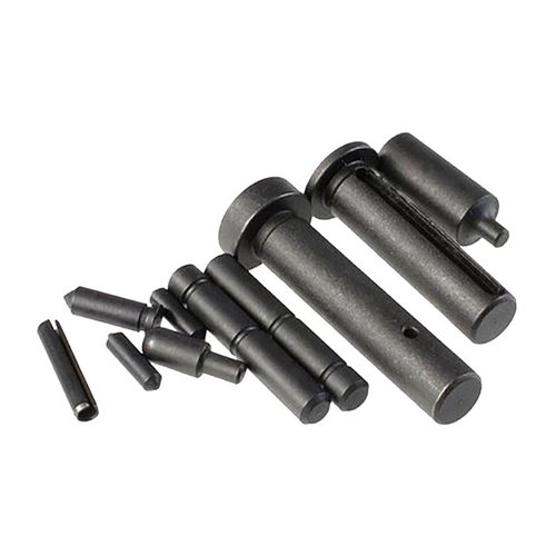 Strike Industries AR LOWER RECEIVER PIN KIT inneholder viktige deler som takedown og pivot pins, samt detents og ruller, perfekt for vedlikehold av våpen.