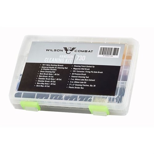 Wilson Combat Handgun Cleaning Kit gir deg alt du trenger for å rengjøre 9mm, .40 og .45 pistoler effektivt og skånsomt, med spesialverktøy og kvalitetsprodukter.