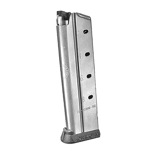 9-runders 10mm magasin for 1911 Government Full Size pistoler, med rustfritt stål, hybrid follower og avtagbar basepad for optimal ytelse.
