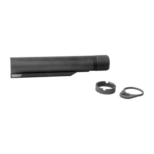 Geissele Premium Mil-Spec Buffer Tube er laget av 7075-T6 Aluminium, med 6 posisjoner, Type 3 Hardcoat Anodize, og inkluderer castle nut og end plate.