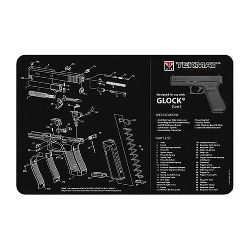 TEKMAT Pistol Gun Mat beskytter våpenets overflate under rengjøring, har en detaljert partsdiagram, og er enkel å rengjøre med varmt vann og mildt såpe.